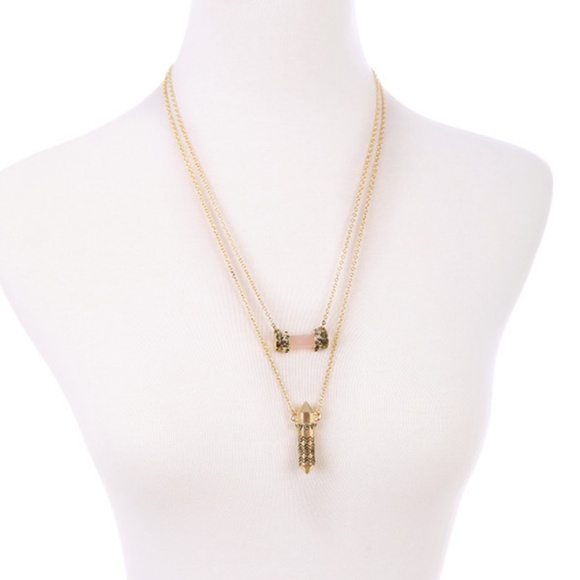 Boho Layered Double Rhinestone Bullet Necklace - Picture 2 of 8